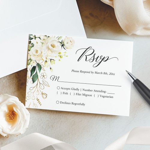 Gold White Peony Floral Wedding Meal Reply RSVP Card