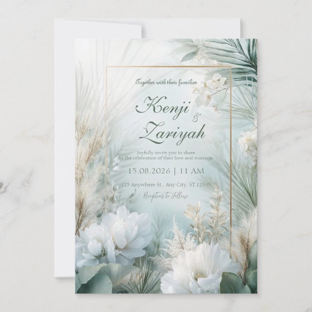 Gold White Peony Pampas Grass Tropical Wedding Invitation (Front)