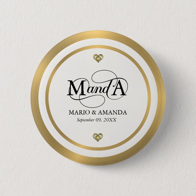 Gold White Personalized Wedding Monogram Button (Front)