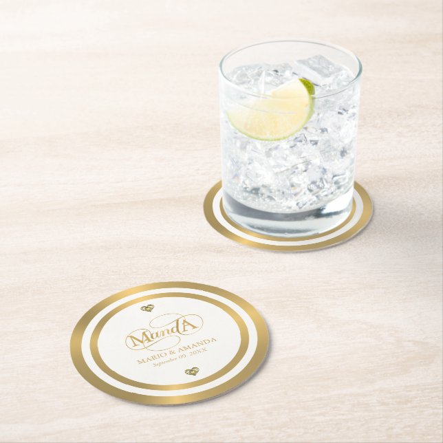 Gold White Personalized Wedding Monogram Round Paper Coaster (Insitu)