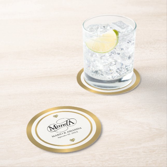 Gold White Personalized Wedding Monogram Round Paper Coaster (Insitu)