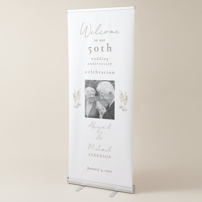Gold & White Photo 50th Anniversary Party Welcome  Retractable Banner (3/4)