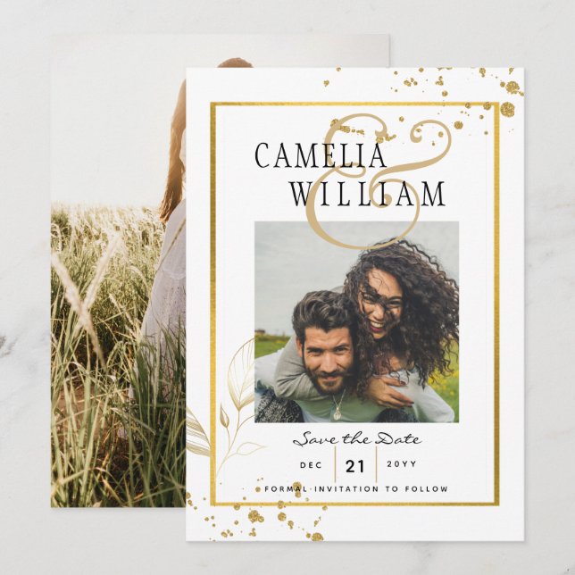 GOLD White PHOTO Wedding Set Modern Classic Invitation (Front/Back)