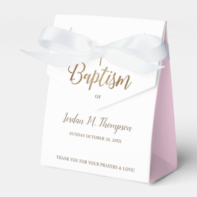 Gold White Pink baby girl Baptism Cross Thank You Favor Boxes (Front Side)