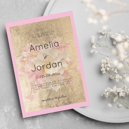 Gold white pink cherry blossom floral wedding invitation