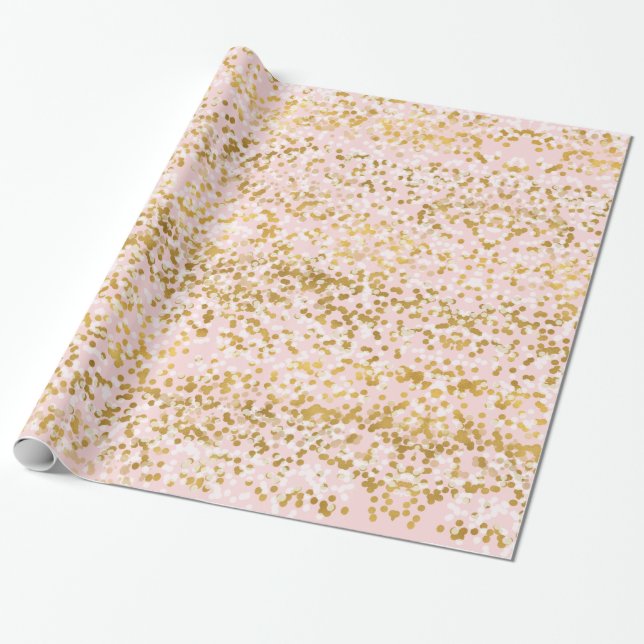 Gold White Pink Confetti Birthday Wrapping Paper (Unrolled)