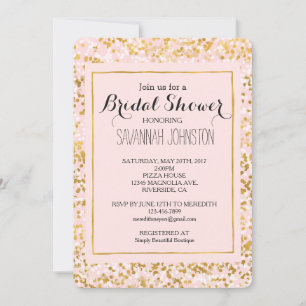 Gold White Pink Confetti bridal shower Invitation