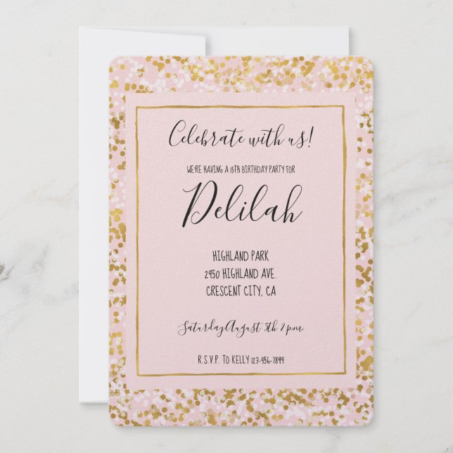 Gold White Pink Confetti Invitation (Front)