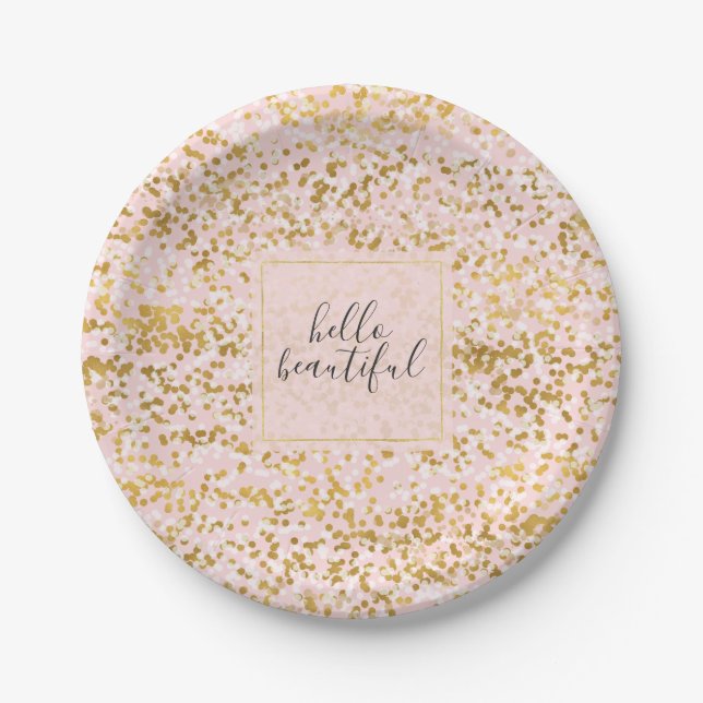 Gold White Pink Confetti Paper Plates (Front)