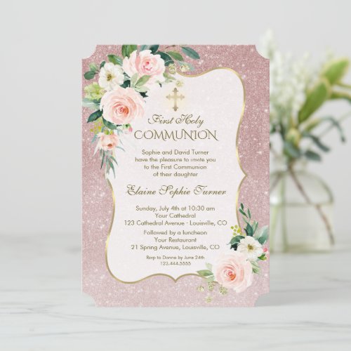 Gold White Pink Floral First Holy Communion  Invitation