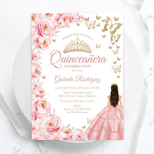 Gold White Pink Floral Quinceanera Invitation