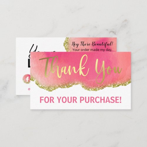 Gold White Pink Glitter Agate Thank You Purchase Business Card