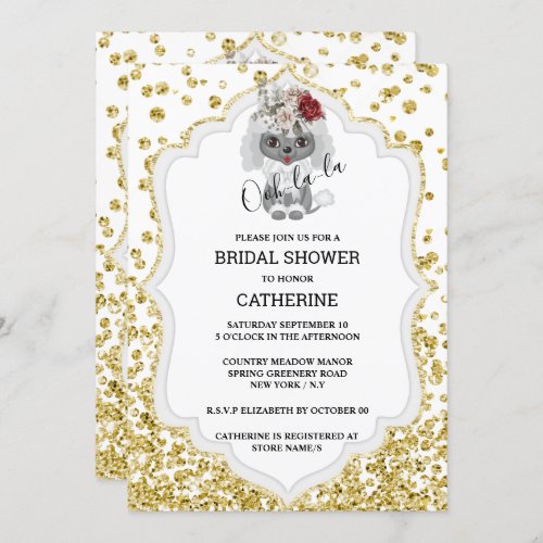 Gold white poodle bride glitter string lights  invitation