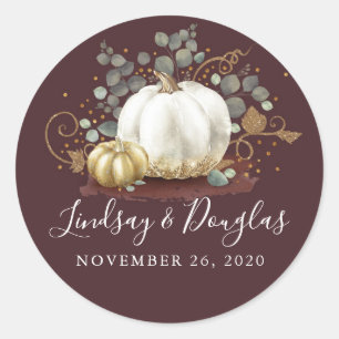 Gold White Pumpkin Fall Wedding Burgundy Red Classic Round Sticker