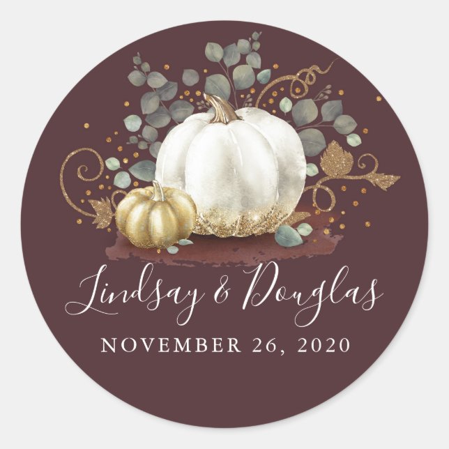 Gold White Pumpkin Fall Wedding Burgundy Red Classic Round Sticker (Front)