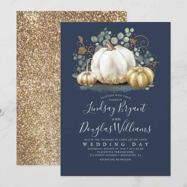 Gold White Pumpkins Rustic Navy Blue Fall Wedding Invitation (Front/Back)