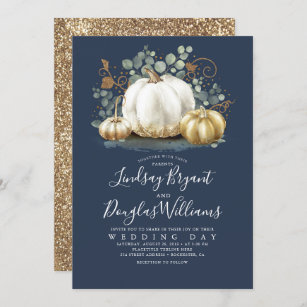 Gold White Pumpkins Rustic Navy Blue Fall Wedding Invitation