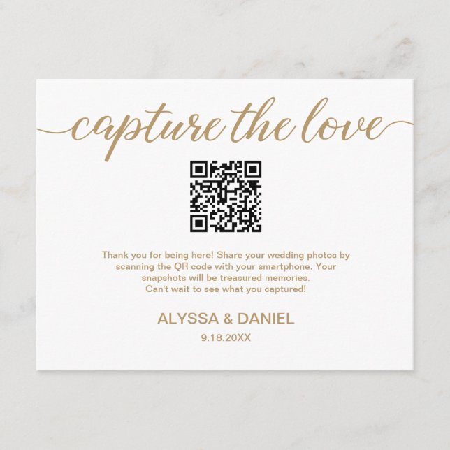 Gold white QR code wedding photo sharing Enclosure Card (Front)