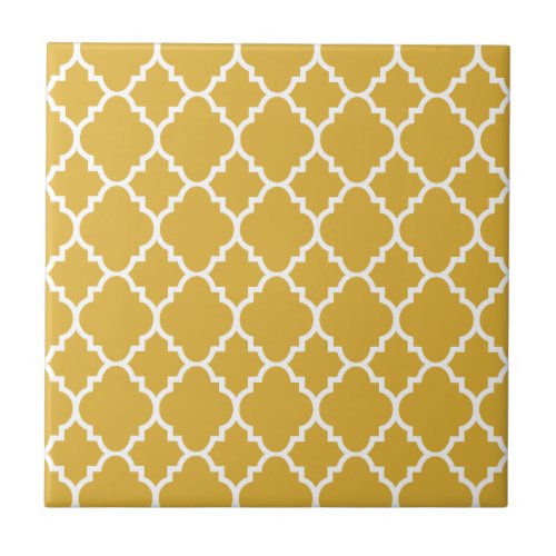 Gold White Quatrefoil Moroccan Pattern Ceramic Tile