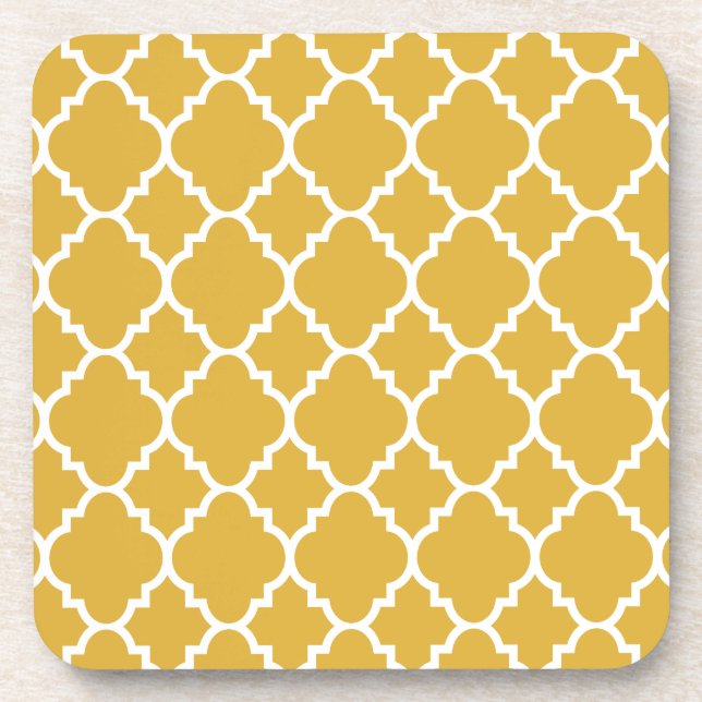 Gold White Quatrefoil Moroccan Pattern Drink Coaster (Front)