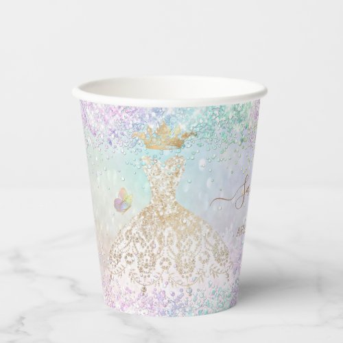 Gold White Quinceanera Dress Pastel Butterflies Paper Cups