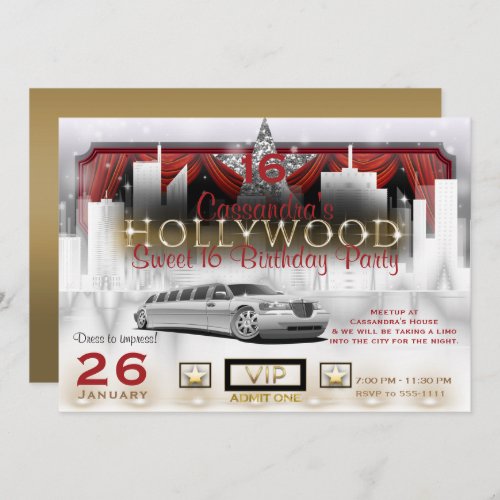 Gold White  Red City Lights Limo Hollywood Party Invitation