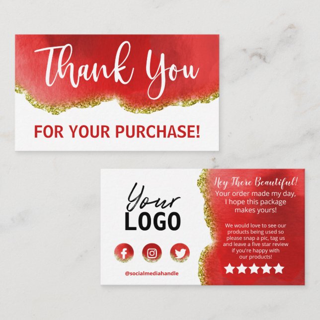 Gold White Red Glitter Agate Thank You Order Business Card (Front/Back)
