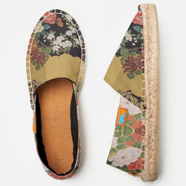 Gold White Red Japanese Kimono Floral Womens Espadrilles (Side)