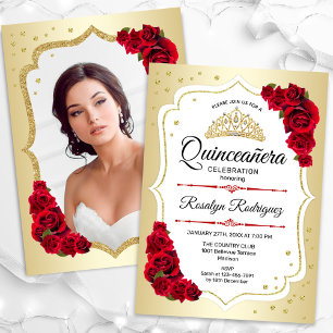 Gold White Red Photo Quinceanera Invitation