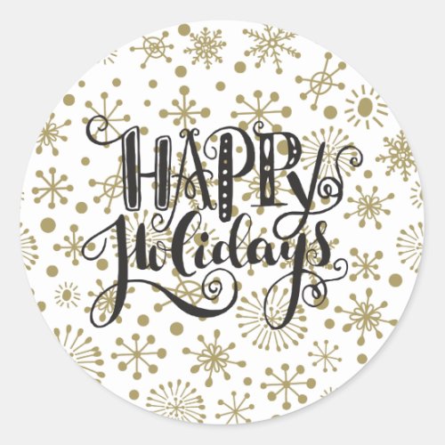 Gold  White Retro Snowflakes HAPPY HOLIDAYS Favor Classic Round Sticker