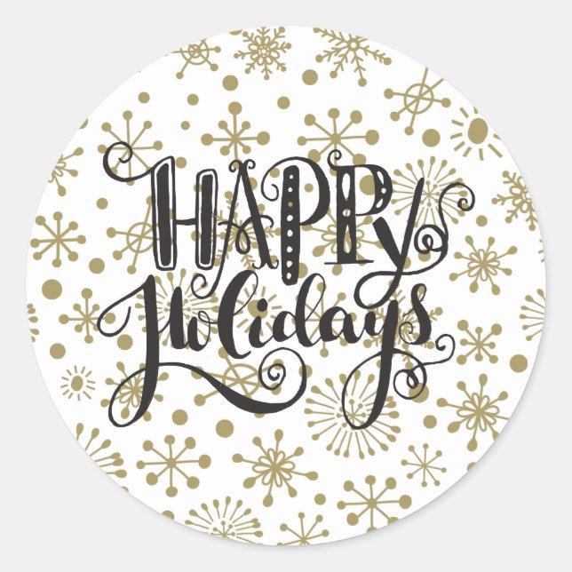 Gold & White Retro Snowflakes HAPPY HOLIDAYS Favor Classic Round Sticker (Front)