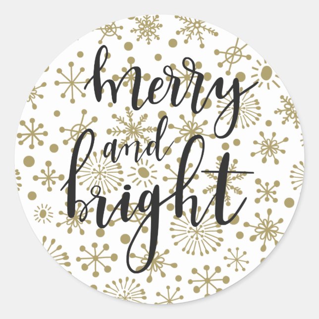 Gold & White Retro Snowflakes MERRY & BRIGHT Favor Classic Round Sticker (Front)