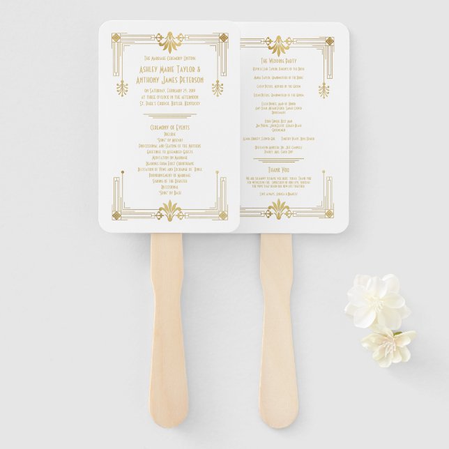 Gold White Roaring 20s Art Deco Hand Fan (Front and Back)
