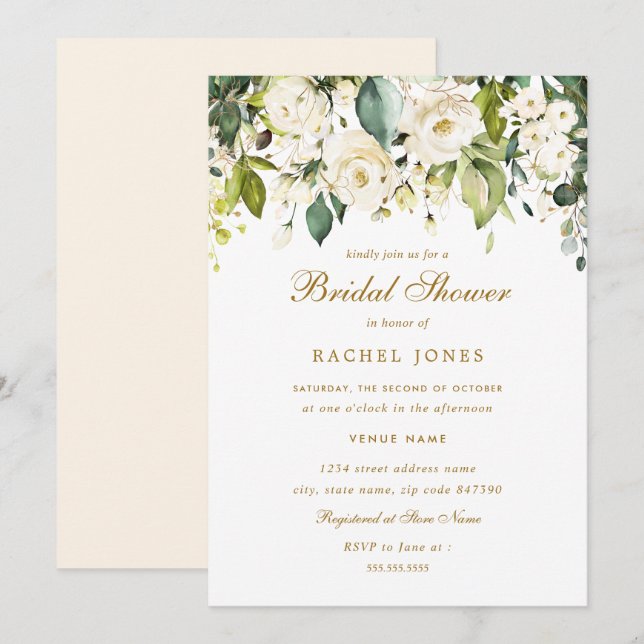 Gold White Rose Bridal Shower Invitation (Front/Back)