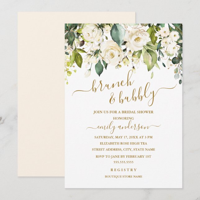 Gold White Rose Brunch And Bubbly Bridal Shower Invitation (Front/Back)