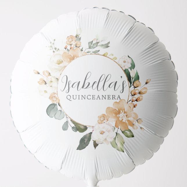 Gold White Rose Floral Personalized Quinceanera Balloon (Front)