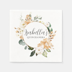 Gold White Rose Floral Personalized Quinceanera Napkins
