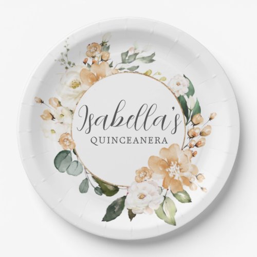 Gold White Rose Floral Personalized Quinceanera Paper Plates