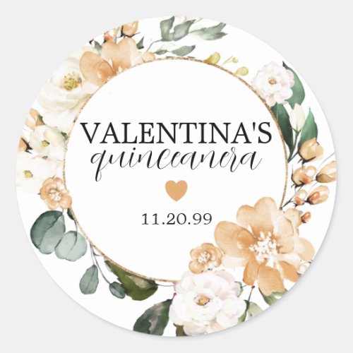 Gold White Rose Floral Quinceanera Favor  Classic Round Sticker