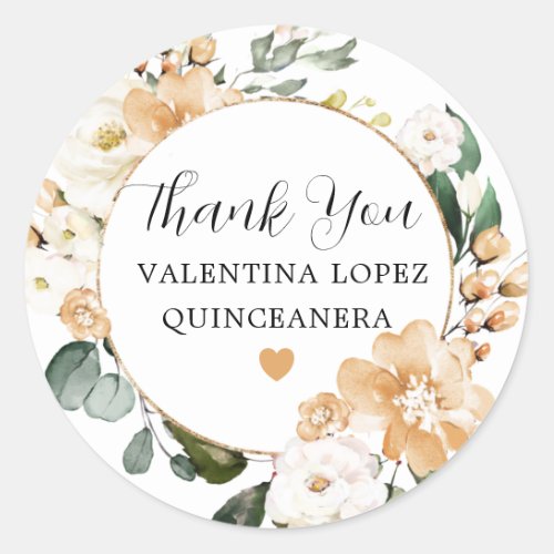 Gold White Rose Floral Quinceanera Thank You  Classic Round Sticker
