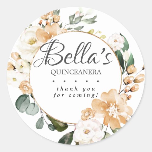 Gold White Rose Floral Quinceanera Thank You Classic Round Sticker