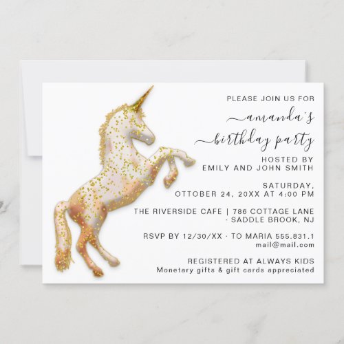 Gold White Rose Glitter Unicorn Horse Birthday   Invitation