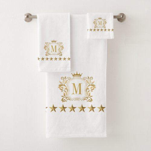 Gold White Royal Scrolls Crown Crest Monogram Bath Towel Set