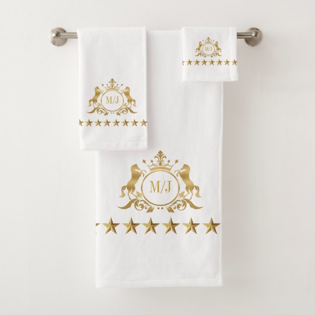 Gold White Royal Scrolls Crown Horses Monogram Bath Towel Set (Insitu)