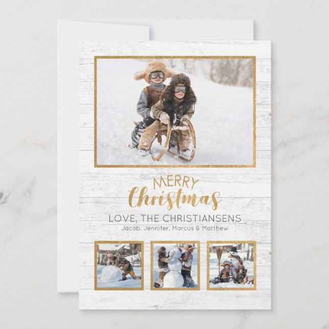Gold White Rustic Wood Photo Christmas (Front)