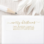 Gold White Script Christmas Return Address Label<br><div class="desc">Modern Elegant Gold and White Script Family  Name Christmas Return Address Labels. Featuring a pretty hand-written calligraphy swash-tail font script with saying "Merry Christmas". Great for Christmas holiday season,  easy to personalize them with your names and return address info.</div>