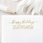 Gold White Script Christmas Return Address Label<br><div class="desc">Modern Elegant Gold and White Hand Lettered Christmas Family Return Address Labels. Featuring a pretty hand-written calligraphy swash-tail font script with saying "Merry Christmas". Great for Christmas holiday season,  easy to personalize them with your names and return address info.</div>