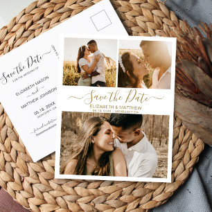 Gold White Script Collage Wedding Save The Date Announcement Postcard