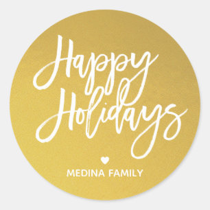 Gold White Script Happy Holidays Classic Round Sticker