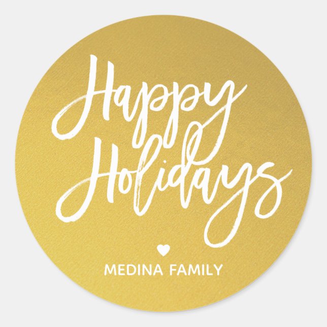Gold White Script Happy Holidays Classic Round Sticker (Front)